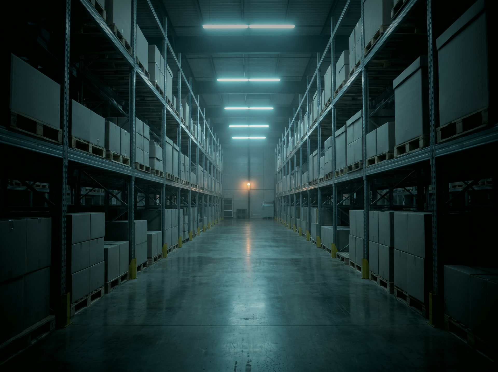 A wide warehouse aisle receding into cold blue depth