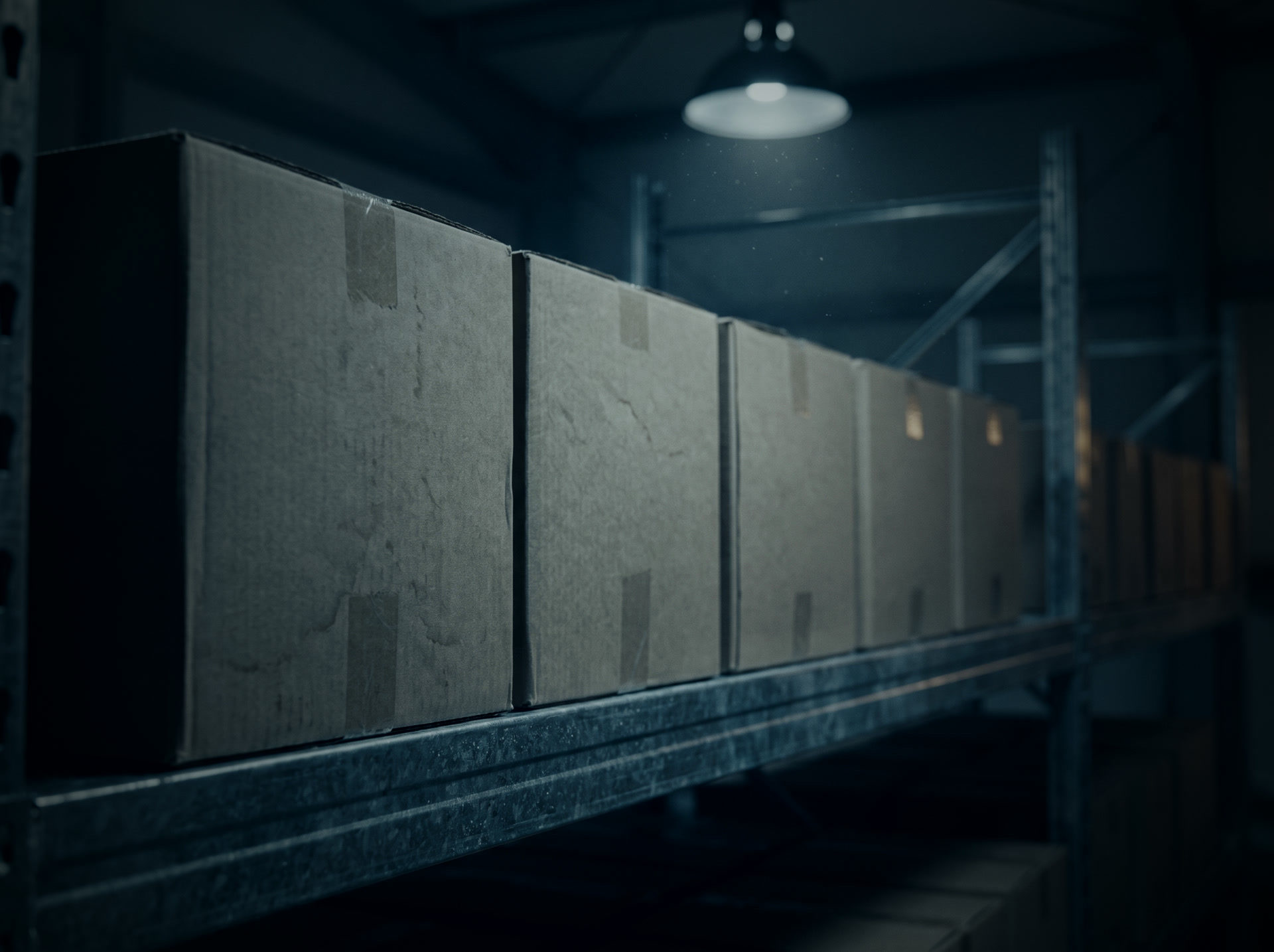 Unbranded cartons on a shelf under a single overhead light